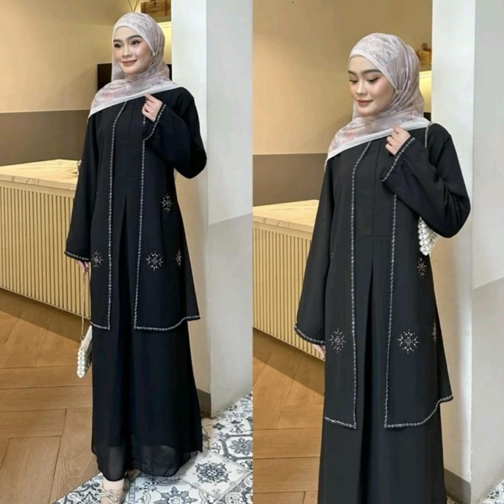 HEMAT Safiya Abaya Dress Tanpa Hijab Ceruty Motif Swarovski Hitam Coklat Mahogany Remaja Dewasa Aest