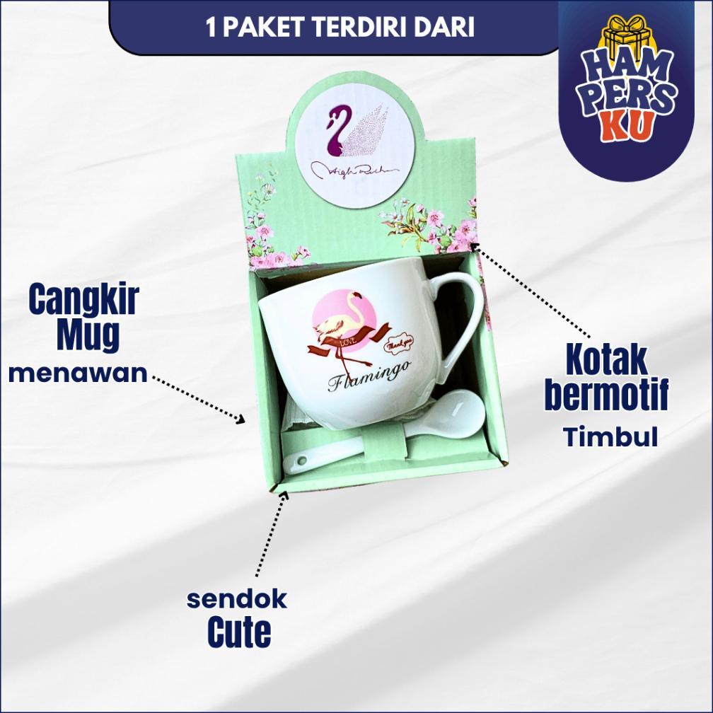 Diskon Hampers Gelas Kopi Keramik Set Sendok Motif Flamingo Couple Free Box Eksklusif Estetik Hamper