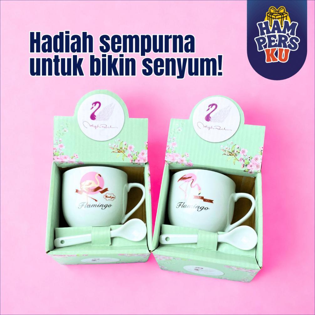 Best Seller Hampers Gelas Kopi Keramik Set Sendok Motif Flamingo Couple Free Box Eksklusif Estetik H