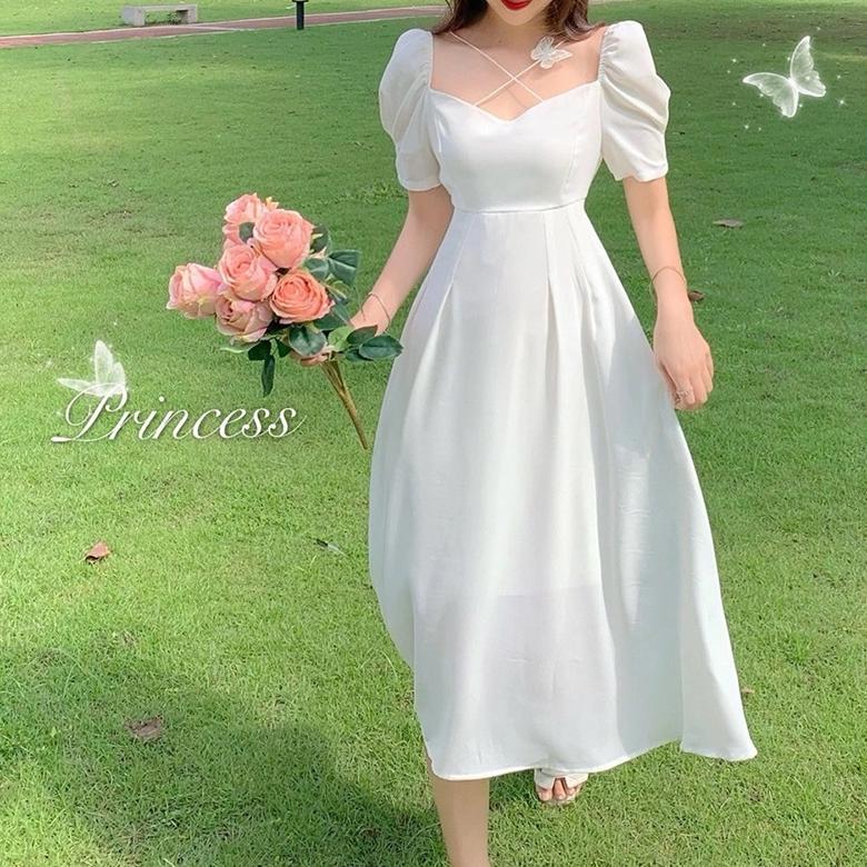 Gratong Emita Bloom Summer White Midi Dress Kekinian Baju Putih Gereja Pantai Wanita Kekinian Muslim