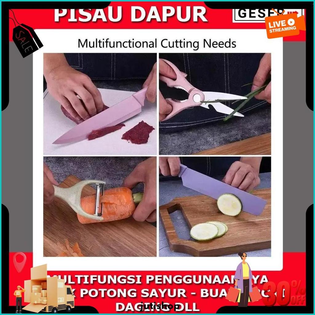 Pisau Set 6In1 Stainless Dilapis Keramik Anti Lengket / Pisau Dapur / Pisau Jerami Set 6 In 1 Rekome