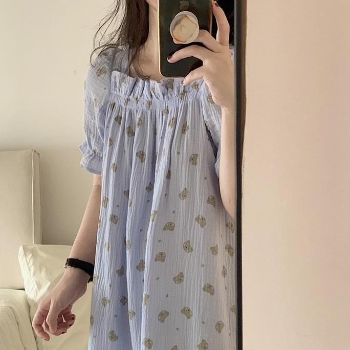 Baju Tidur Wanita Taemo Dress Sleepwear Daster Motif Bear Lucu Rok Tidur Kekinian Lengan Pendek