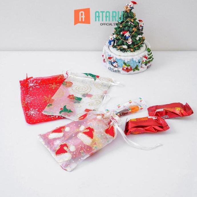 Ataru Set 3 Pcs Kantung Serut Mesh Xmas Drawstring Pouch Pouch Serut Perlengkapan Kado