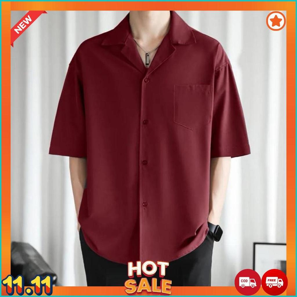 Kemeja Hawai Polos Pria Keren Outfit Cowok Pantai Kerah Piyama Katun Rayon Premium [K7]
