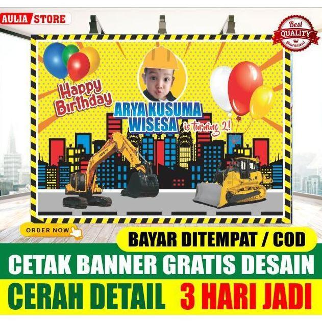 Cetak Banner / Backdrop / Wallpaper / MMT/ Spanduk Ulang Tahun Ultah Anak tema Kontruksi / Alat Bera