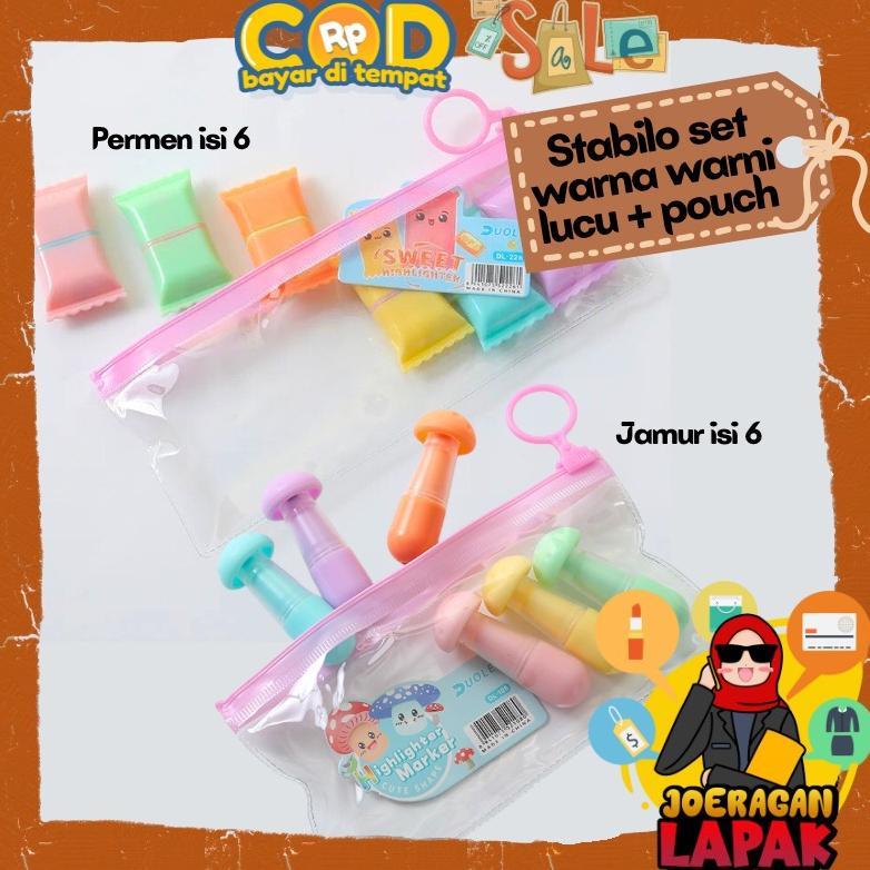 STABILO SET ISI 6 PCS + POUCH BENTUK JAMUR DAN PERMEN LUCU UNIK SPONTLINER 6PCS HIGHLITER WARNA WARN