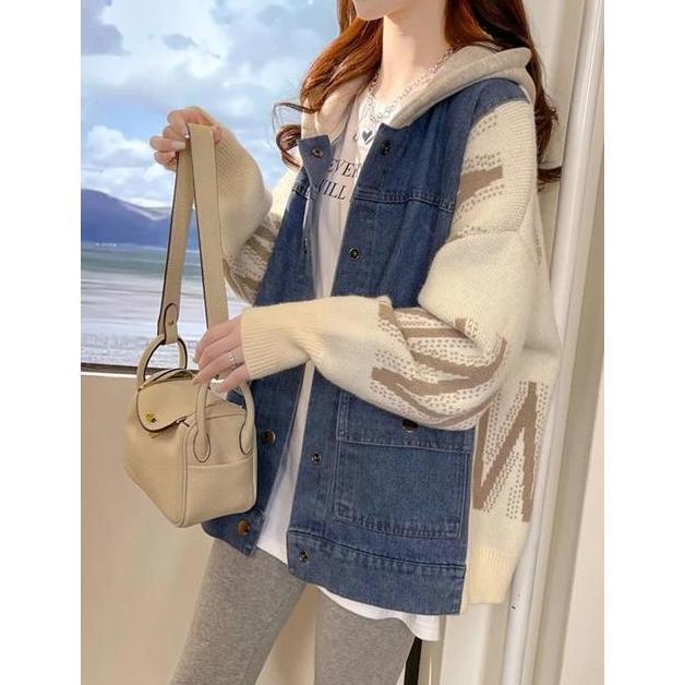 terbaru jaket denim zigzag oversize - jaket zipper hoodie gaya korean - patch work jaket