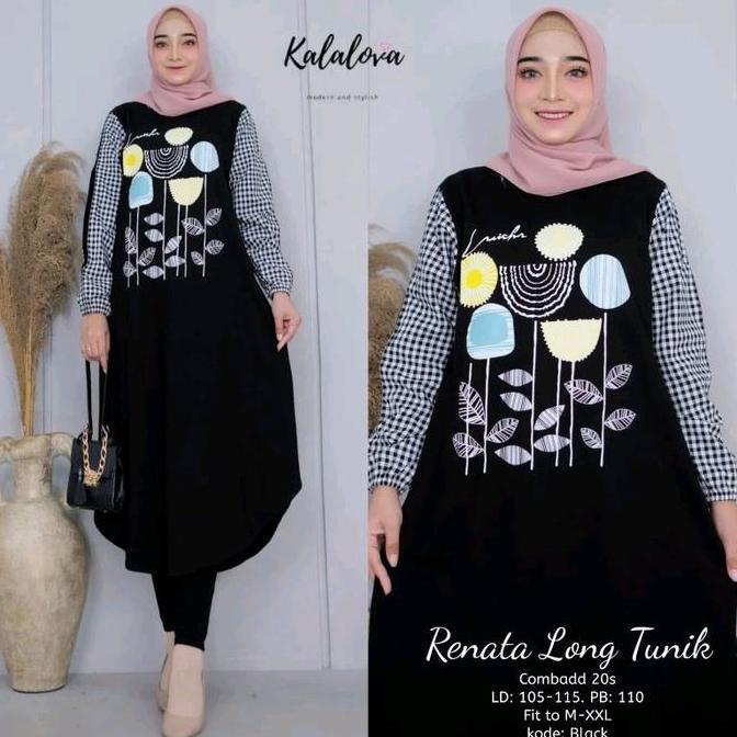 Tunik Bahan Kaos Lengan Kombinasi Kotak Kotak.  Long Tunik Serian Warna Hitam. Muslim Panjang Sablon