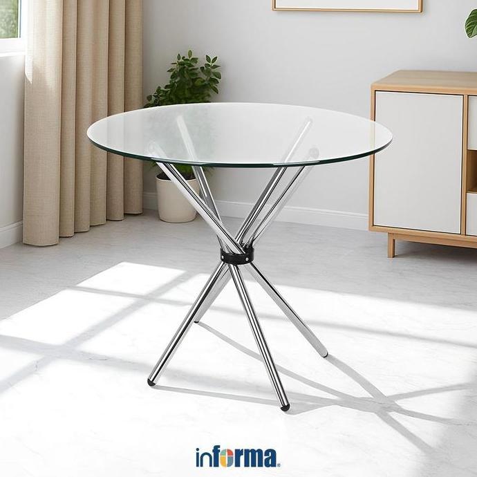 Informa Amber Meja Makan Bundar Kaca Kaki Besi Ruang Keluarga Cafe