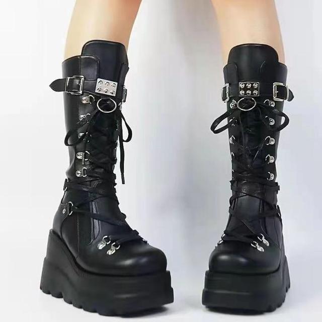 Sepatu Boots Chunky Panjang Wanita Hak Tinggi Fashion Shoes Sfw 291 Warna Hitam Tapak Karet