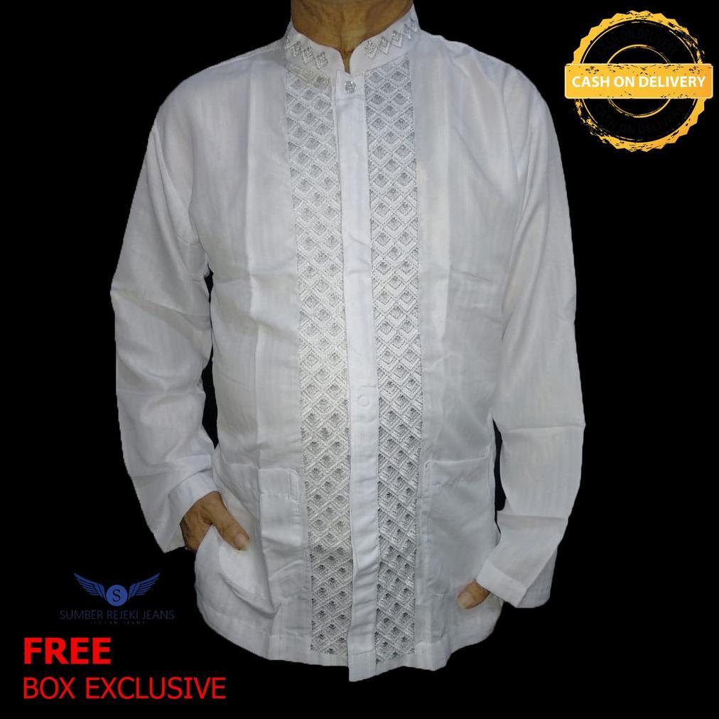LIMITED SUMBERREJEKIJEANS - BAJU KOKO PUTIH LENGAN PANJANG BORDIR TERMURAH (BONUS DUS)