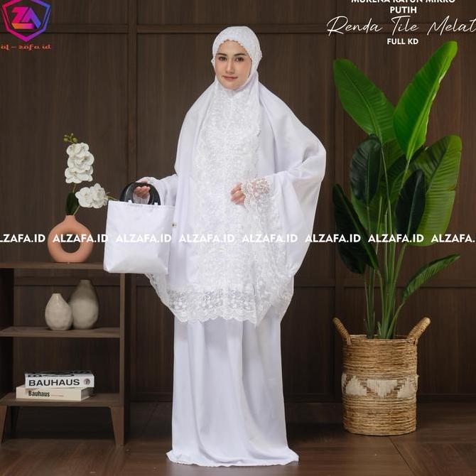 Mukena Dewasa Katun Mikro Putih Bersih Brokenwhite Renda Bunga Mellati Motif Full KD Mewah