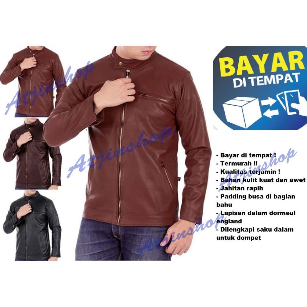 Original Atjin-Jaket Kulit Pria Kasual Exclusive Series Ferrari / Jaket Motor Pria [Coklat - Hitam]