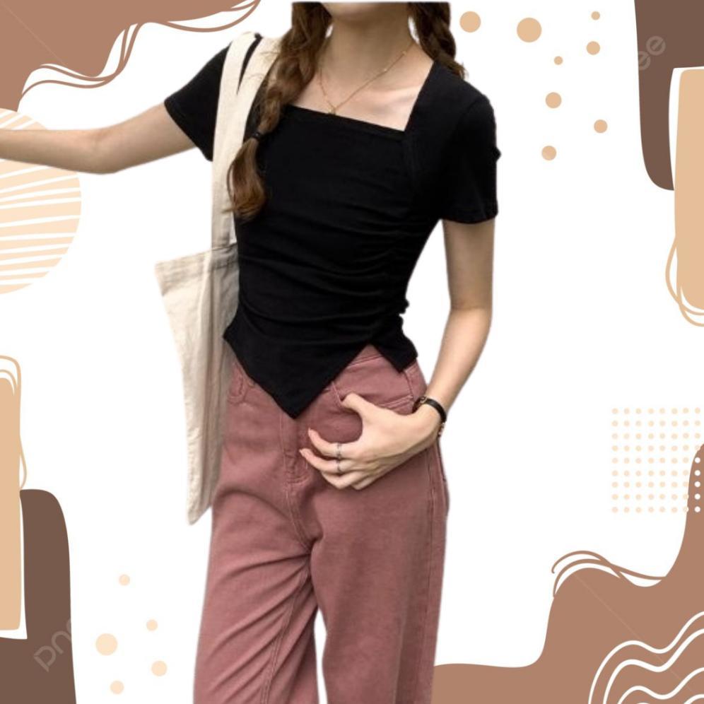 DB170 - Kaos Crop Top Kerut Square Neck,Kaos Kerut Korean,Crop Top Kerut Lengan Pendek
