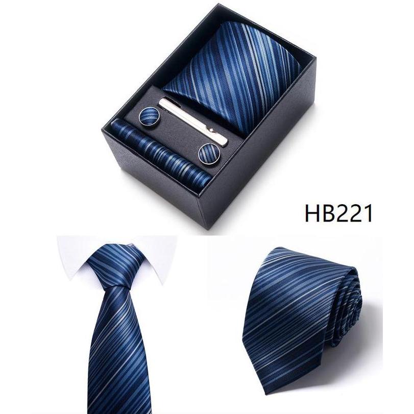 Dasi Set silk 8cm Set Cufflink Saputangan Jas Box NAVY BIRU MUDA BLUE BIRU DONGKER