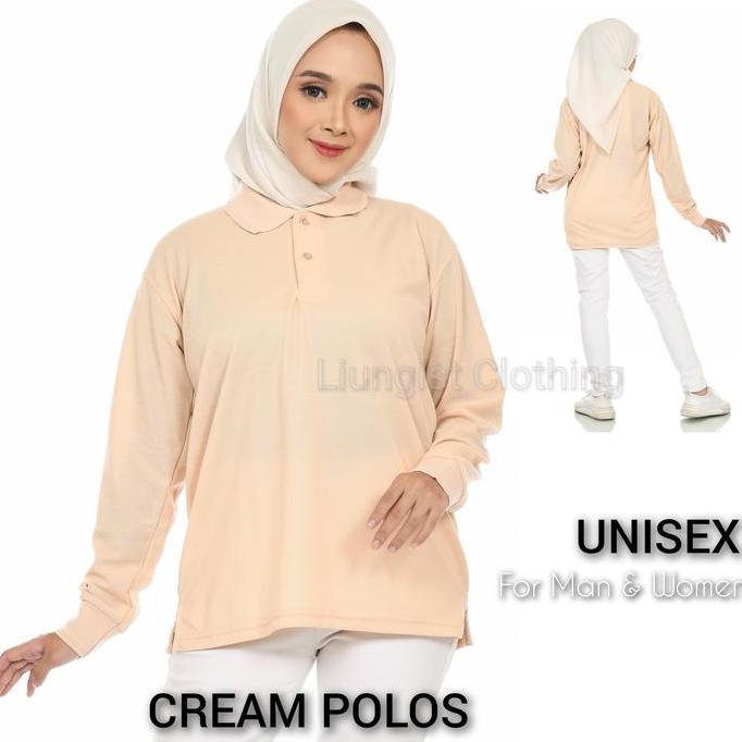 Kaos Polo Panjang Cream Polos / Baju Kaos Kerah Panjang Bordir Sablon Pria Wanita