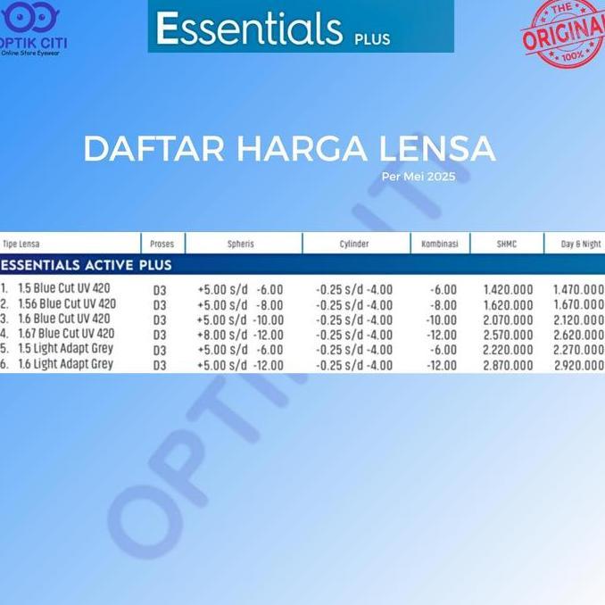 Grosir Lensa Progresif Essilor Essentials Active Plus Photochromic Night Drive Original