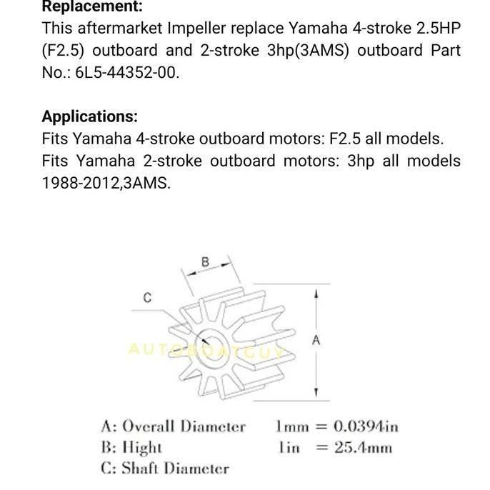 Impeller 6L5-44352-00 Yamaha 2.5 PK 4 Tak / Yamaha 3 PK 2 Tak
