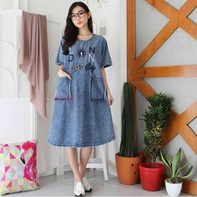 Devarahardians - DRESS WANITA JUMBO KAYLA KIDDOZ Bordir Brown Bordir Casual Daster Jeans Midi