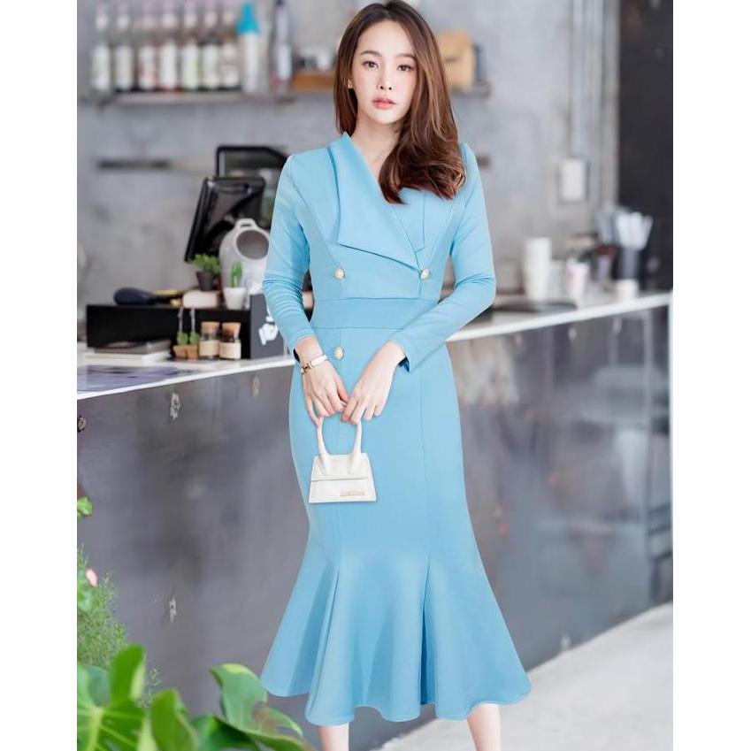 Joanne Fashion - Midi Dress Wanita Pesta Mewah Simple Formal Lengan Panjang Rok Mermaid Duyung Bahan