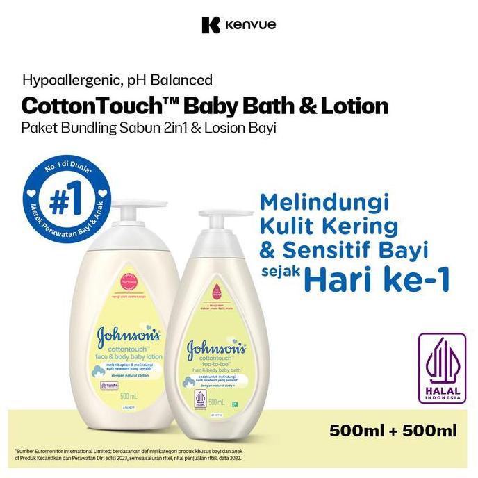 BUNDLING JOHNSON'S Cotton Touch Top-to-Toe Hair & Body Baby Bath 500 ml 1Pcs + JOHNSON'S Cotton Touc