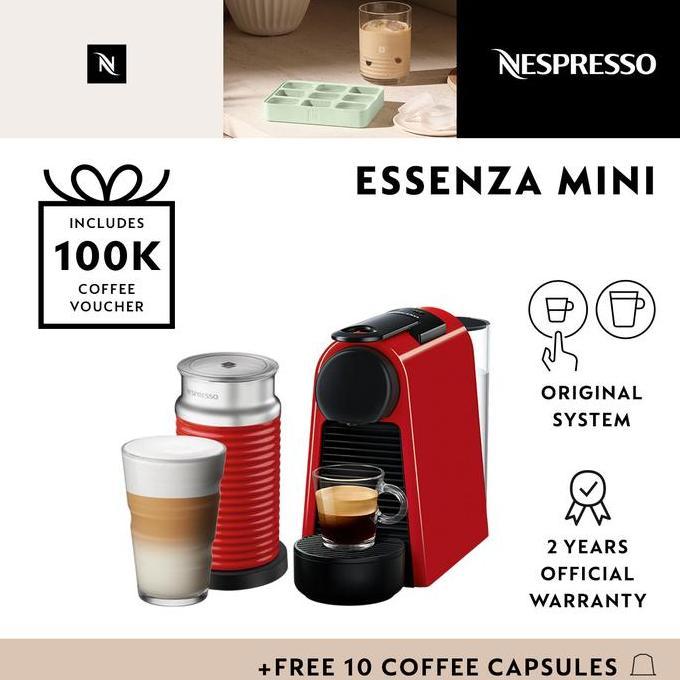 Kuche- Nespresso Essenza Mini Coffee Machine, Red With Aeroccino3, Red