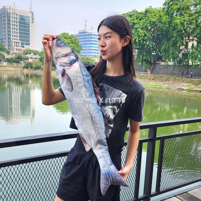liningcrow - Tas Kanvas Besar Shrelo Bentuk Ikan Kakap Putih Segar Barramundi Fish Kado Unik Hobby M