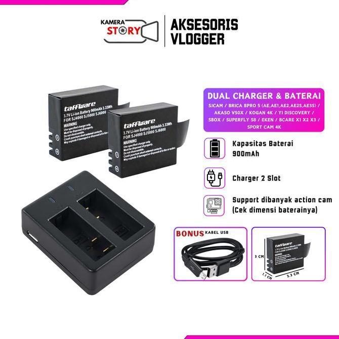 Dual Charger & Battery Baterai Kogan 4k / Yi Discovery / SJcam SJ4000 SJ5000 / EKEN / Brica BPro 5 (