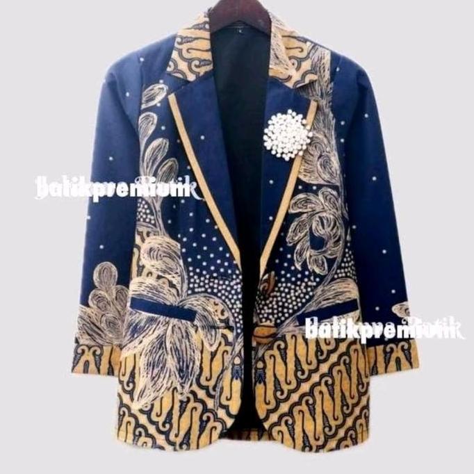 DISKON blezer batik modern motif daun navy lapis puring tricot DISKON