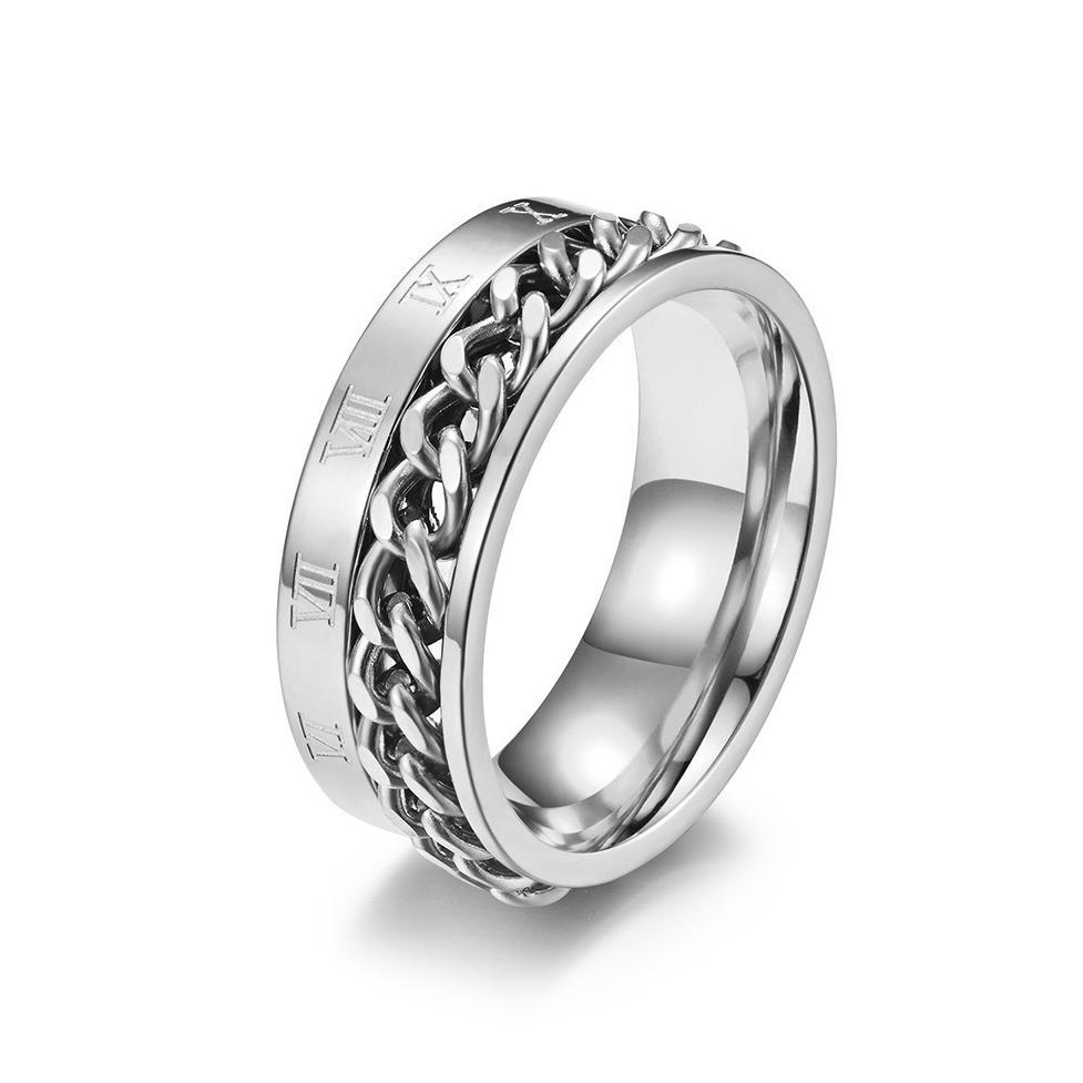 DISKON Cincin Galang Titanium Steel Anti Karat Rantai Rotating Chain Romawi Pria Unisex Keren Hitam 
