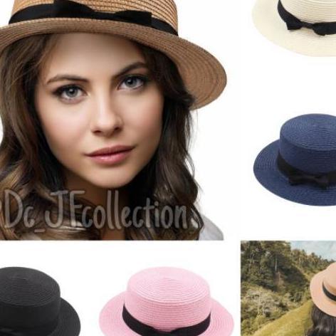 Jf Collection Topi Boater Import Topi Pantai Wanita Topi Pita Hitam