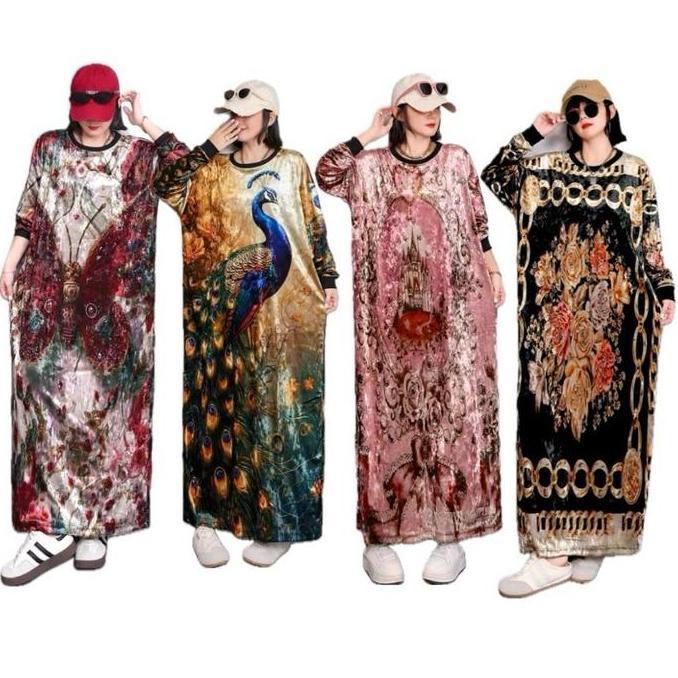 Long Dress Velvet bludru lengan panjang Motif jumbo Wanita