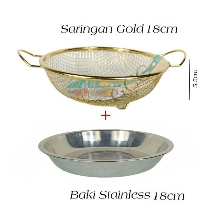 Keranjang Buah Estetik Warna Gold Kombinasi Nampan Stainless Saringan Peniris Elegan Sultan Tiris Mi