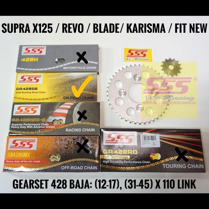 NEW GEARSET SSS 428 SUPRA X 125 REVO BLADE KHARISMA KIRANA SUPRA FIT NEW X125 INJEKSI REVO INJEKSI G