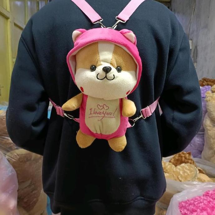 Tas Ransel Wanita Boneka Tupai Bulu Pink/Fanta/Abu-abu T 24 x L 18 cm Anak Fashion