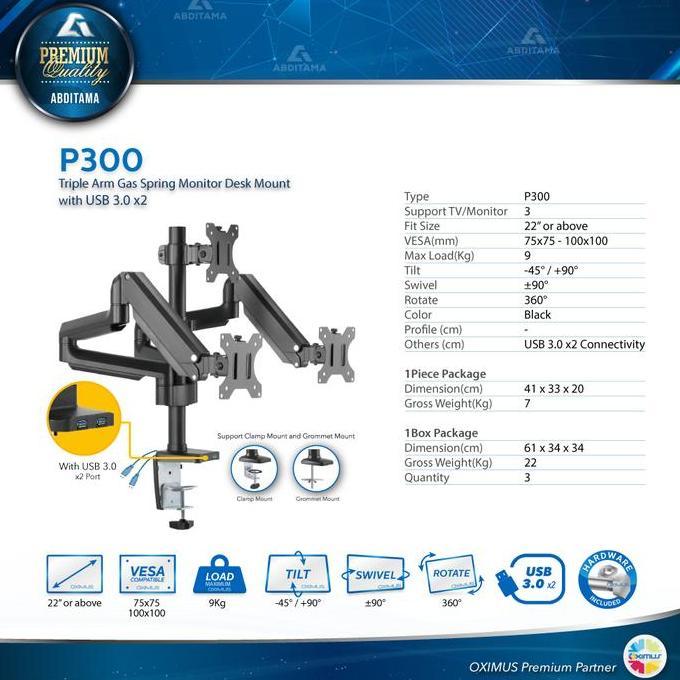 BRACKET MONITOR Laptop GAS SPRING OXIMUS P300 TILT SWIVEL ROTATE USB 3.0 x2