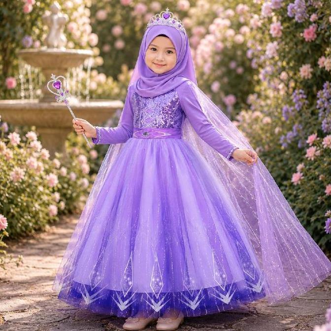 devimastore - gaun dress frozen anak perempuan warna lilac premium fashion