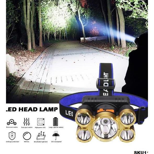 Senter Kepala 5 mata Headlamp High Power 3*XPE 38000W Waterproof