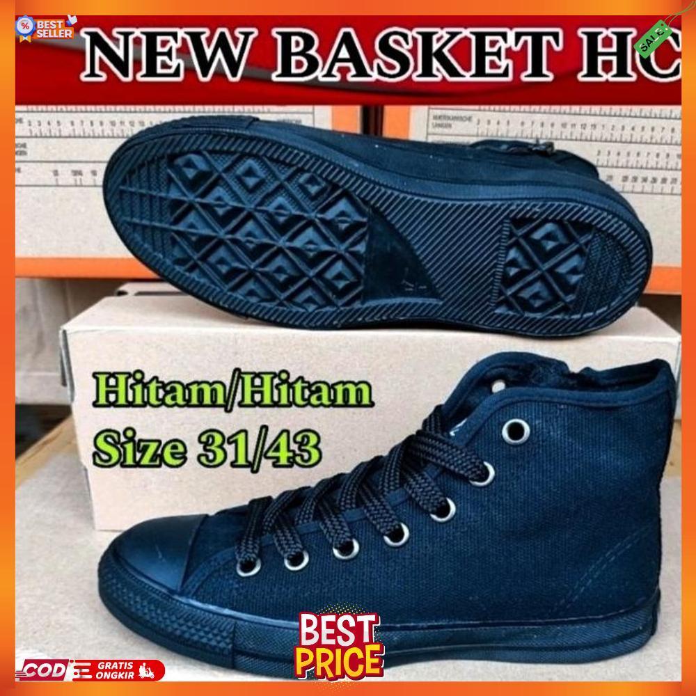 SEPATU SEKOLAH KERJA KULIAH PRIA WANITA HITAM POLOS NEW BASKET HC TINGGI TALI SIZE 31 SD 42 ORIGINAL