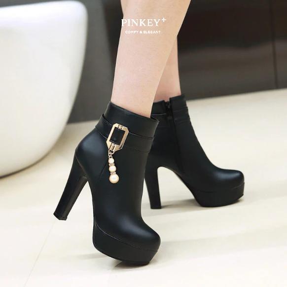 DISKON PINKEY P115 Boots Wanita Heels 11cm Chunky Platform Black / Beige / Pink (Size 3842) KEKINIAN