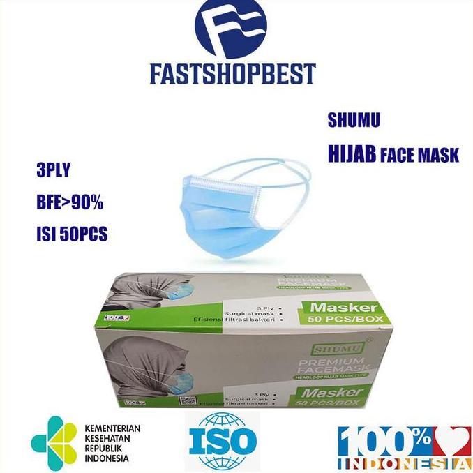 Masker SHUMU Headloop Hijab 3 Ply 3Ply Face Mask anti Virus isi 50 Pcs