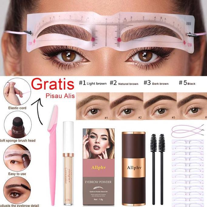Allphv 4 warna eyebrow powder Cetakan Alis tempel dan cetakan alis tali(2 Tali) Waterproof