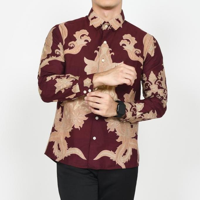 KEMEJA BATIK PRIA SLIM FIT BAJU BATIK PRIA SLIM FIT LENGAN PANJANG MERAH GOLD ACS 348