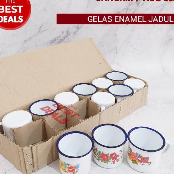 1 Lusin Gelas Kopi + Teh Enamel Motif Bunga Jadul / Cangkir Enamel Jadul Super Murah