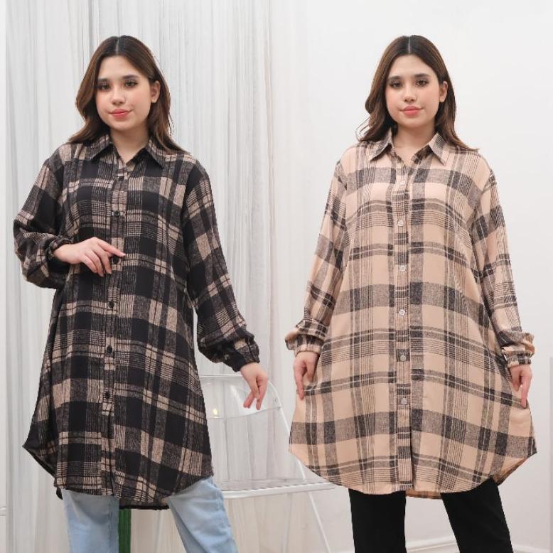 Diskon Tunik Kemeja Wanita / Bahan Rayon Premium Salur & Kotak  Ld 110 & Ld 120 Oversize Lengan Panj