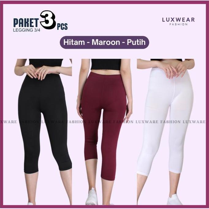 Paket 3 PCS Legging 3/4 Spandek Licin Polos Celana Pendek Wanita Dewasa Standar Lembut Nyaman Non Mo