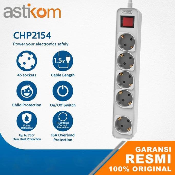 HARGA DISC - Power Strip Philips CHP2154 Stop kontak 5 Socket | Kabel Roll | Colokan Listrik Philips