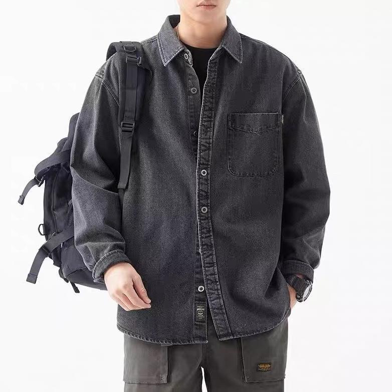 FAST DELIVERY Jaket kemeja denim Jaket lengan panjang pria Kain denim berkualitas tinggi Biru/Hitam
