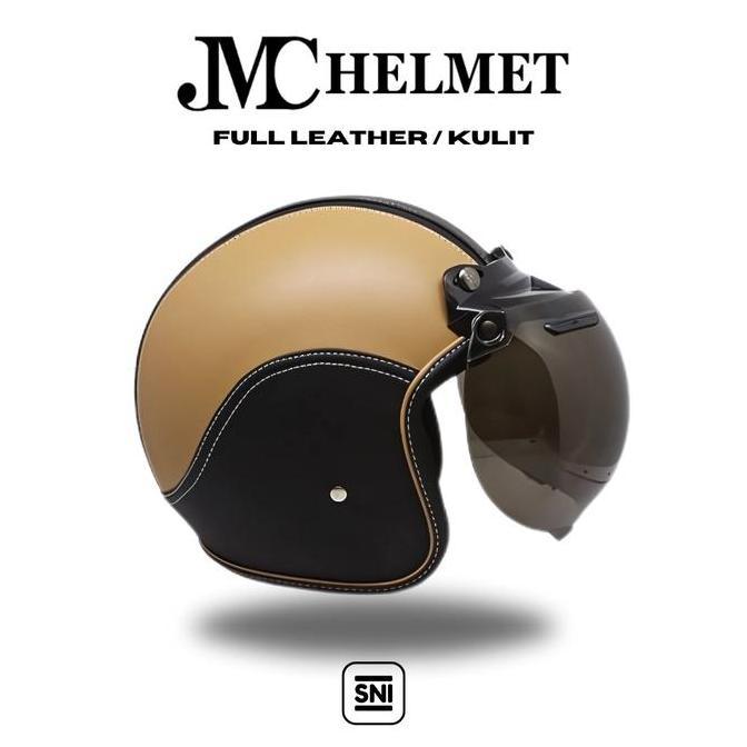 Helm Bogo Retro Dewasa Cokelat Muda Full Leather/ Kulit Kaca Polos Biasa SNI Pria/ Wanita