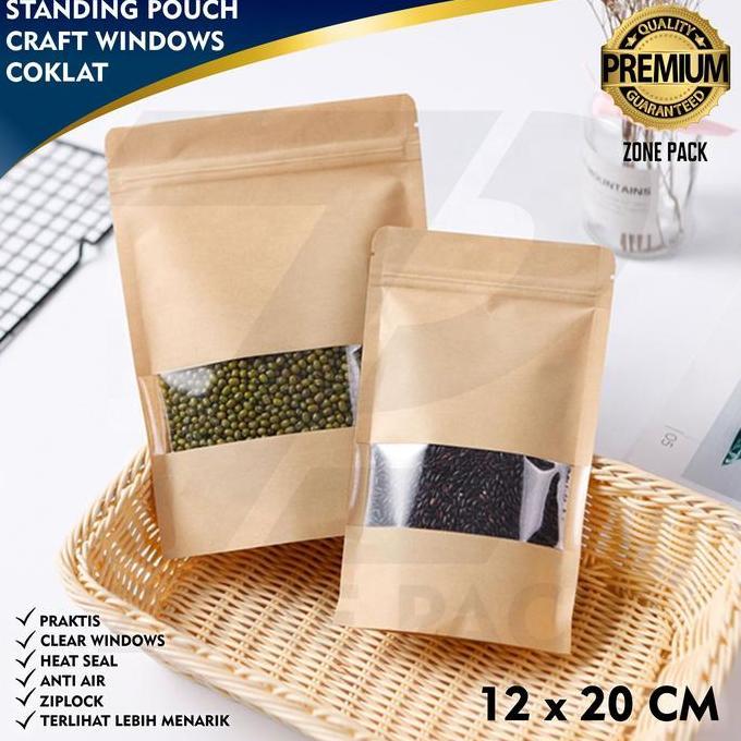 (12x20 cm) 50 PCS Standing Pouch Craft Windows Coklat I Kemasan Kopi I Kemasan Paper Ziplock